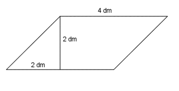 Figuren er et parallellogram der den ene siden er 4 dm og der den andre siden er hypotenusen i en rettvinklet trekant med kateter som begge har lengde 2 dm.